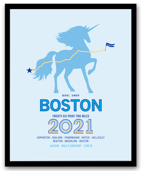 Boston 26.2 Personalized Marathon Course Map Poster - Unicorn Edition