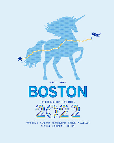 Boston 26.2 Personalized Marathon Course Map Poster - Unicorn Edition