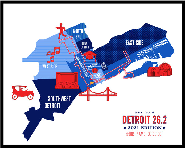 Detroit 26.2 Personalized Marathon Iconic Course Map Poster