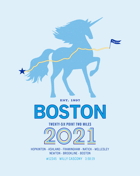 Boston 26.2 Personalized Marathon Course Map Poster - Unicorn Edition