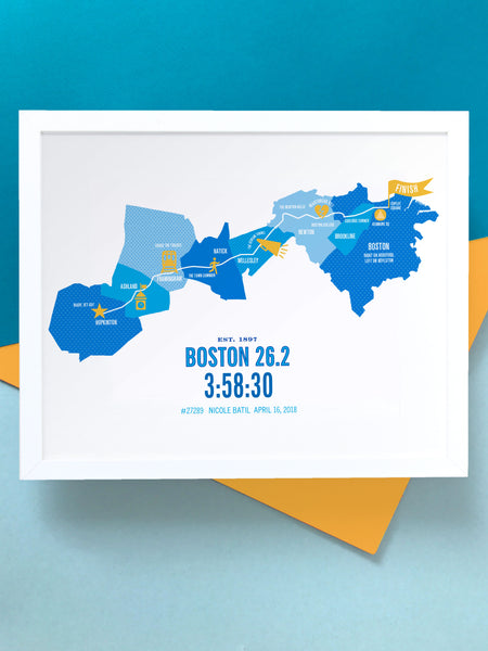 Boston 26.2 Personalized Marathon Course Map Poster