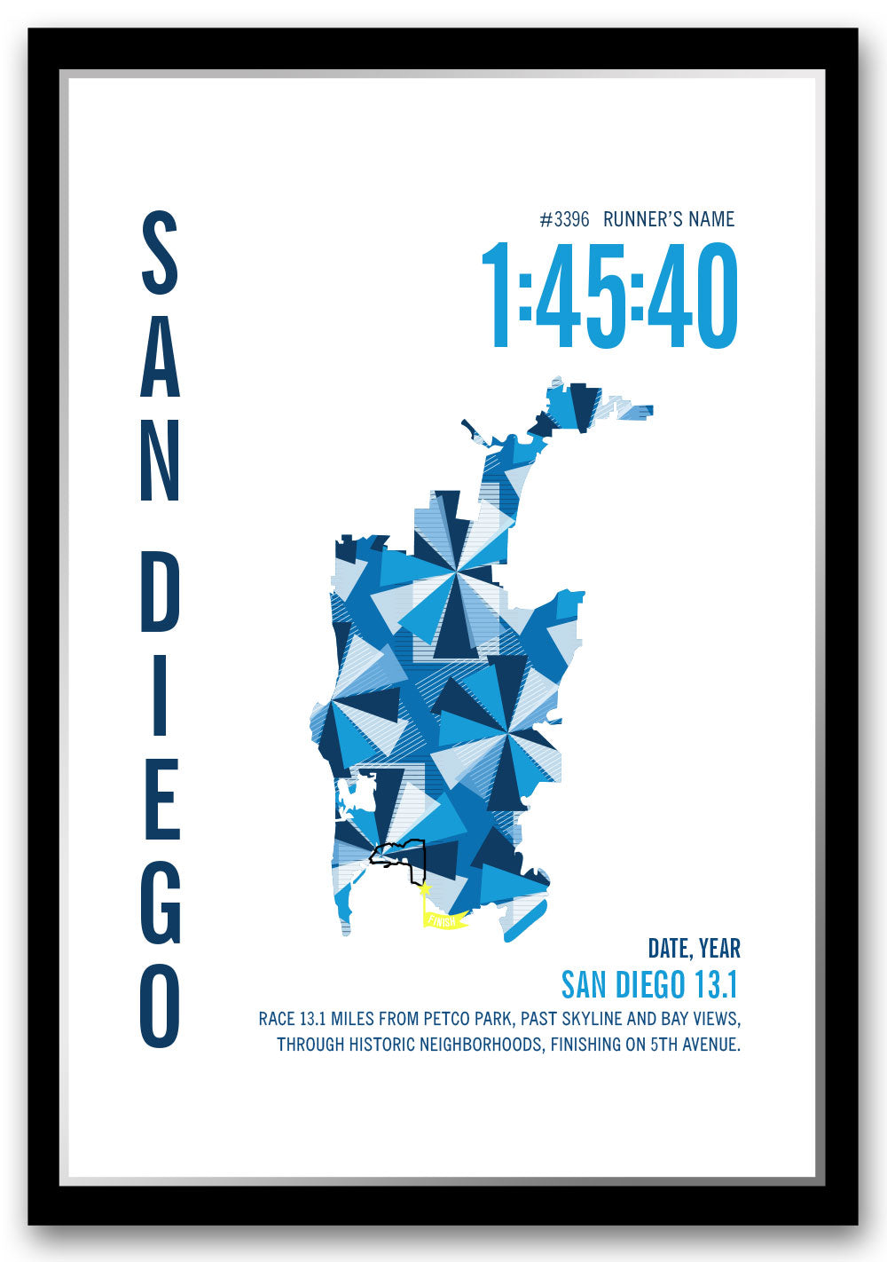 San Diego 13.1 City Race Map Half Marathon Poster