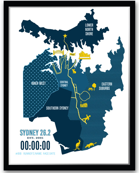 Sydney 26.2 Personalized Marathon Iconic Course Map Poster