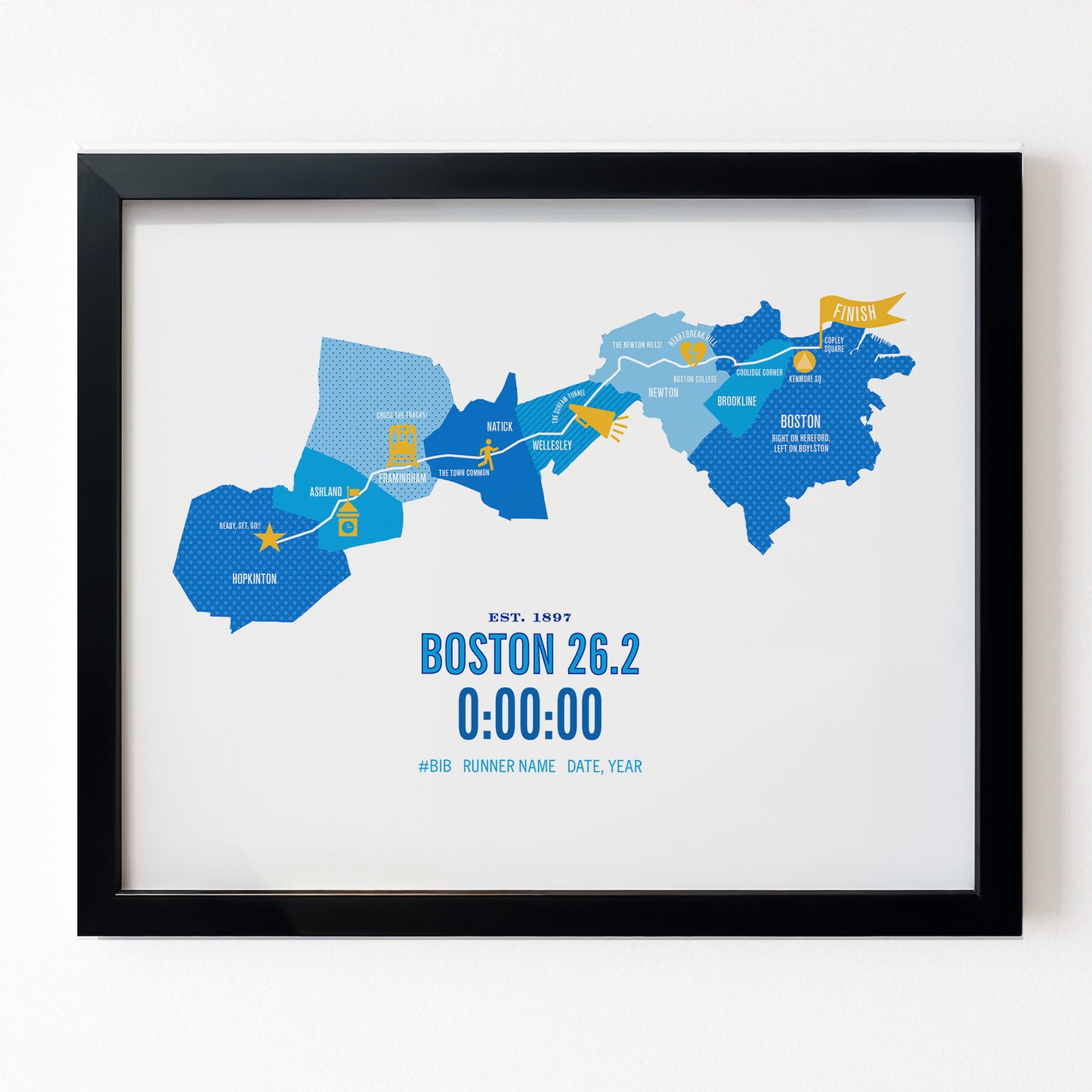 Boston 26.2 Iconic Marathon Course Map Poster