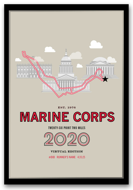 2020 Virtual Marine Corps 26.2 Personalized Marathon Course Map Poster