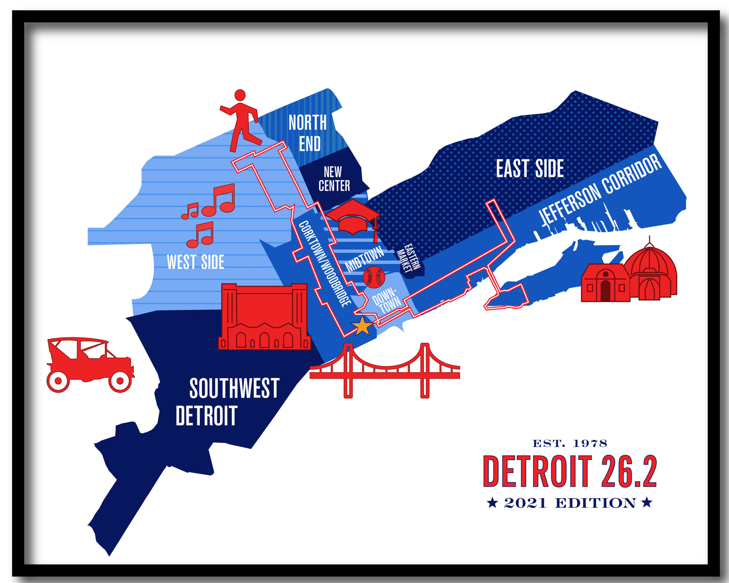 Detroit 26.2 Iconic Marathon Course Map Poster
