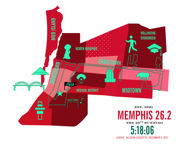 Personalized Memphis 26.2 Iconic Course Map Poster