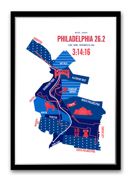 Philadelphia 26.2 Personalized Marathon Iconic Course Map Poster