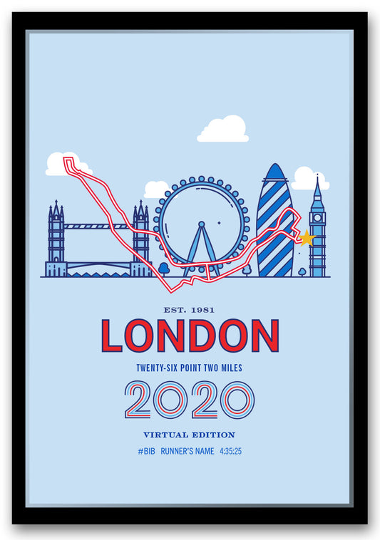 2020 Virtual London 26.2 Personalized Marathon Course Map Poster
