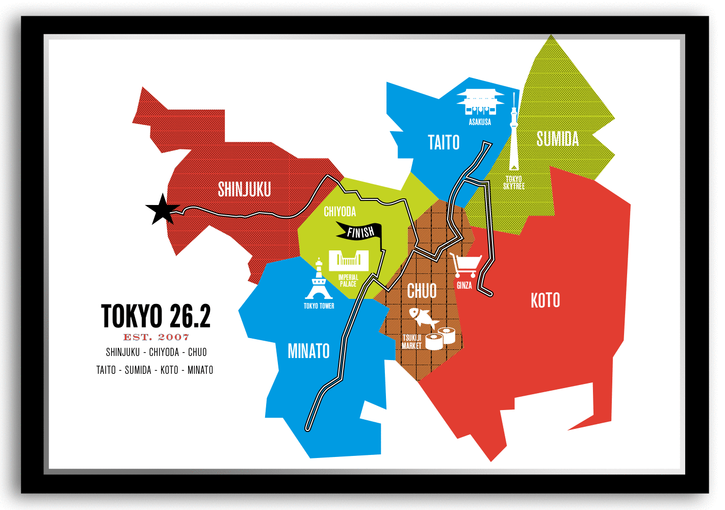 Tokyo 26.2 Iconic Marathon Course Map Poster
