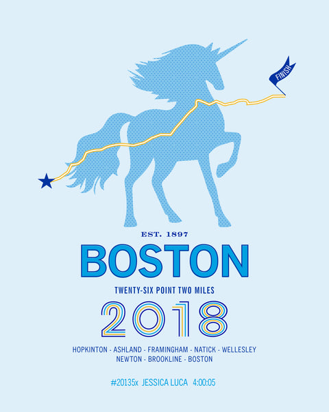 Boston 26.2 Personalized Marathon Course Map Poster - Unicorn Edition